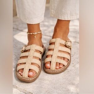 Dolce Vita Natural FALCUN Raffia Tan Straw Strappy Buckle Mules